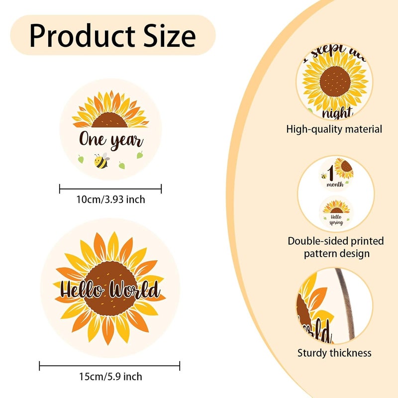 MCIAONE Baby Monthly Milestone Cards Sign - 13Pcs Double Sided Sunflower Milestone Markers, Flower Pattern Wooden Circles Discs Newborn Announcement Marker, Baby Shower Newborn Sign Photo Cards Gift Set - Image 2
